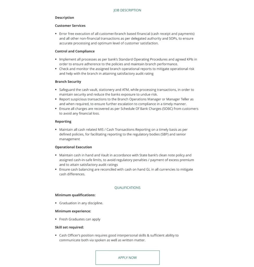 Latest HBL Cash Officer Jobs 2025 Advertisement